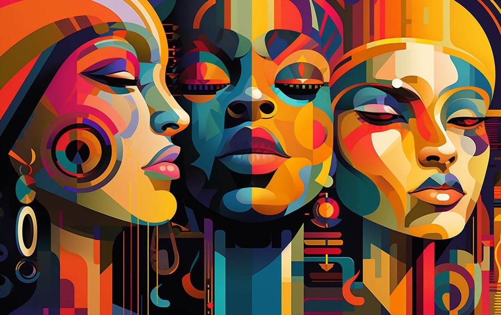 Prompt: color palette illustrations of people, in the style of psychedelic influences, colorfully abstracted faces, tom whalen, hyper-realistic pop-art fusion, qajar art, close-up, multilayered dimensions