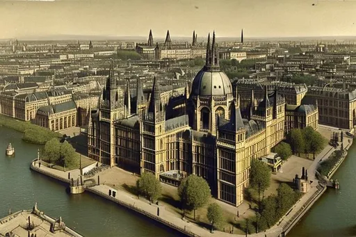 Prompt: An early twentieth-century green and industrialized European city with a flower-shaped gothic revival parliament, a large dome at the center, and seven petals-shaped buildings connected with spires. 