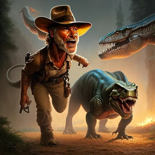 Prompt: ultra realistic illustration, Harrison Ford Indiana Jones being chased by a T-Rex, intricate, accurate, elegant, highly detailed, digital painting, artstation, concept art, smooth, sharp focus, illustration, art by artgerm and greg rutkowski and drew struzan