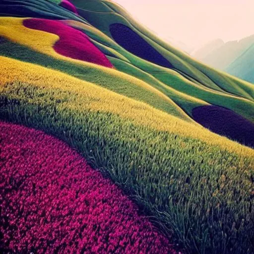 Prompt: flat gradient vibrant modern flowy mountains design, flat gradient overgrown landscape design simple, pinterest, love