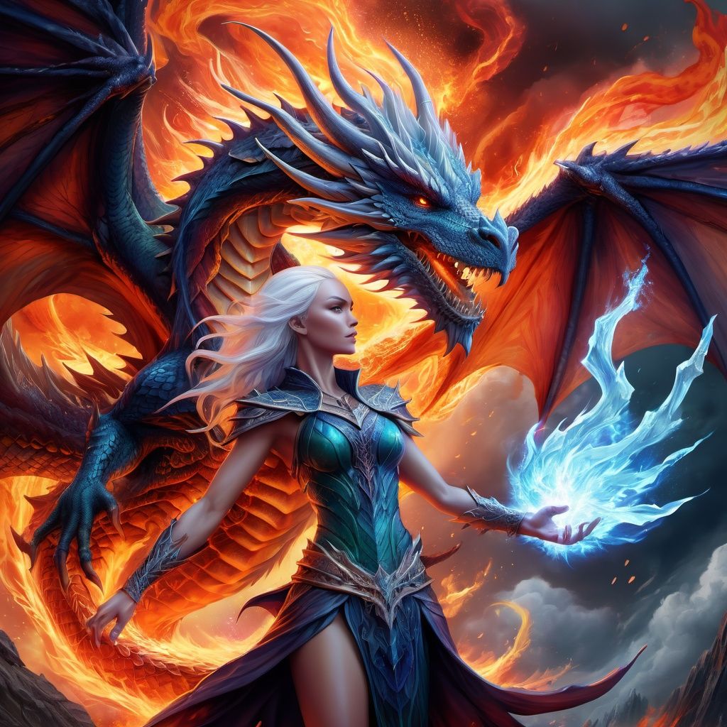 Fantasy illustration of storm dragon and woman wizard  friend vibrant and detailed scales majestic