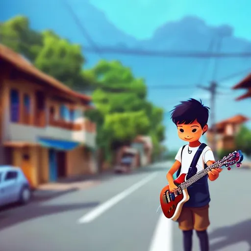 Prompt: young boy, listening to music, making plans for the future to be a musician, guitarist, color drawn, village boy, anime, traveling on a road