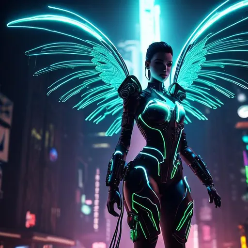 Prompt: (front view:1. 2) of a graceful cyberpunk female angel, large neon green wings folded down, sad, intricate black dress with wires into flesh, walk on decrepit street, destroyed ruined buildings, dark sky, active fires in background, volumetric fog, subsurface scattering, ambient occlusion, post apocalyptic, ruins of war, fire, smoke, (bokeh:1.5)