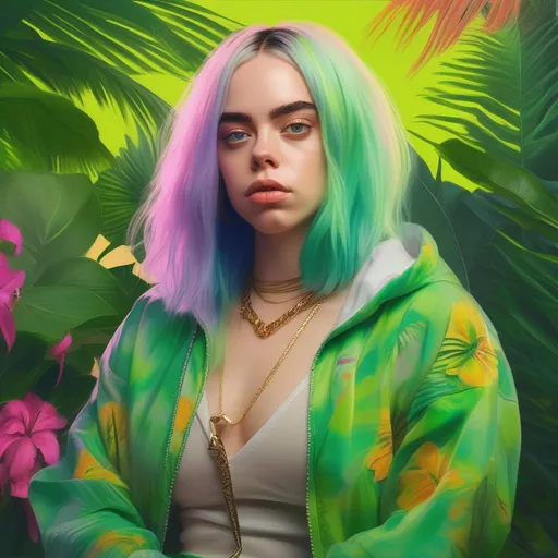 Prompt: fantasy art, digital painting, D&D character portrait of Billie Eilish:goblin, full body, panned out, highest quality, tropical vaporwave background