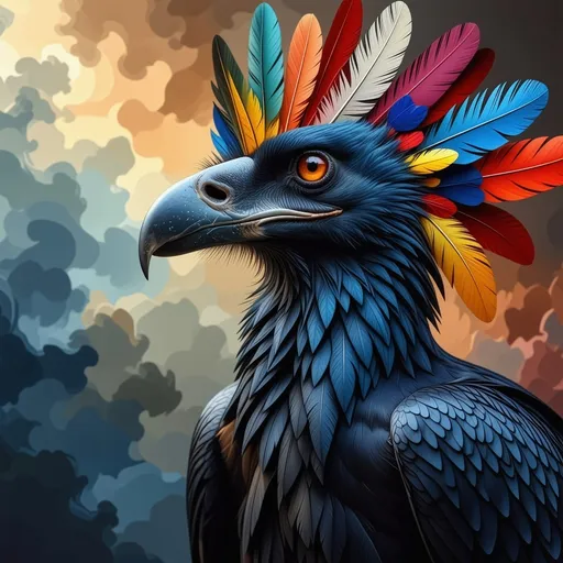 Prompt: (regal looking vulture), (surrealistic style), (vibrant color scheme), extraordinary and spectacular plumage, ornate and imaginative details, dreamlike atmosphere, high contrast vivid hues, intriguing textures and forms, whimsical background elements, soft ethereal lighting, (ultra-detailed), striking visual composition, captivating and mesmerizing appearance.