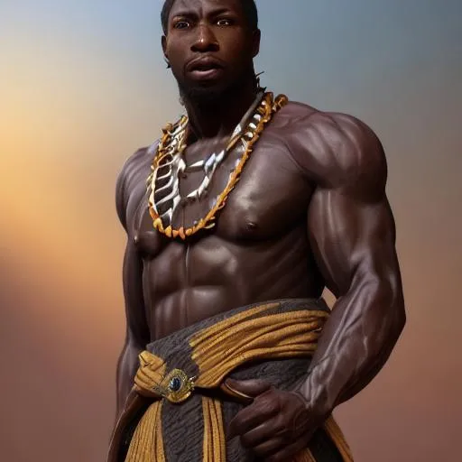 Prompt: A full body photograph of  muscular African American man wearing African robes looking at the viewer, fantasy, medieval, vivid colors, elegant, concept art, sharp focus, beautiful face, digital art, Hyper-realistic, 4K, Unreal Engine, Highly Detailed, HD, Dramatic Lighting by Brom, trending on Artstation