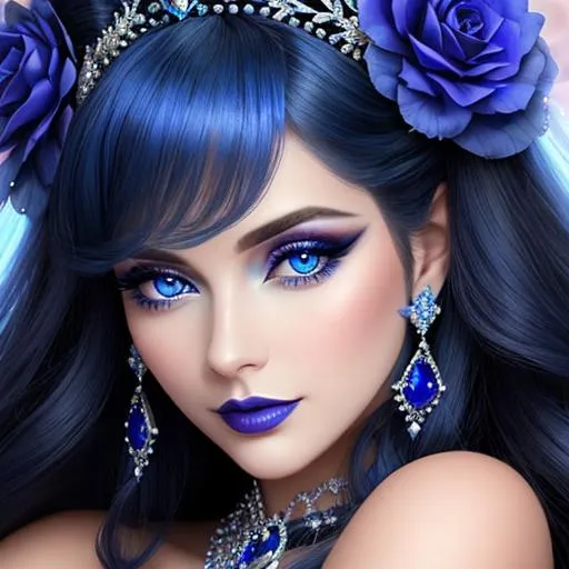 Prompt: a Sapphire lady, feminine elegant princess ,  dark hair, large blue eyes, wearing jewls in her hair,  beautiful makeup, blue eyeshadow, dark pink lipstick, facial closeup