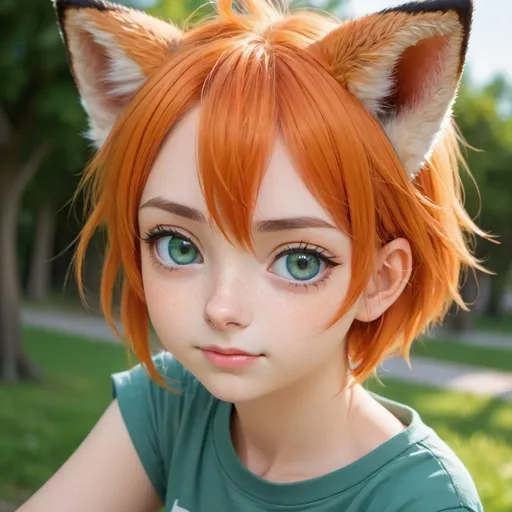 Prompt: a cute beautiful young anime kid girl fox ears orange hair blue eyes wearing green half crop shirt blue shorts looking at camera as if was love at first sight