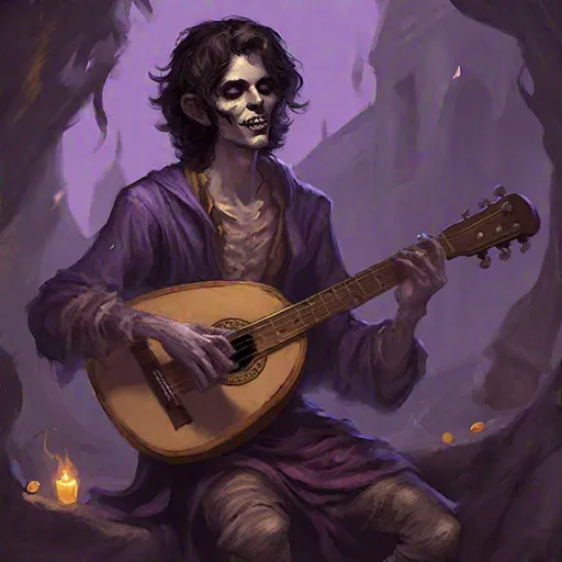 Prompt: Full body splash art of a sweet, youthful, young, handsome, male undead zombie bard, singing and playing the lute, mummified pale face, wavy black hair, skinny, tyrian purple medieval noble page clothes with puffy sleeves, floppy hat with feathers, D&D, dnd, fantasy, highly detailed, sharp focus, digital painting, trending on artstation, 4k, 8k, unreal engine