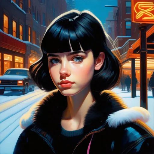 Prompt: Facial portrait of a 13 years old girl,, pale skin, black hair, bangs, dark brown eyes, snow, urban setting, neon, stylized font, cartoony style, extremely detailed painting by Greg Rutkowski and by Henry Justice Ford and by Steve Henderson
