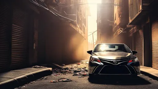 Prompt: Toyota Camry, in a dark forgotten trash filled alley way, no light coming in, with trash flying around, in the crack of dawn, cinematic lighting, drama effect