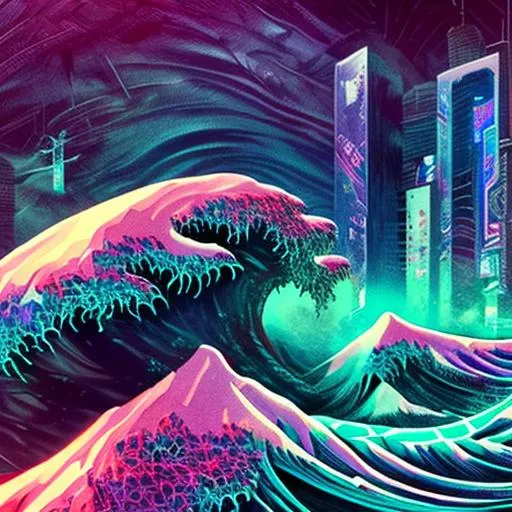 Prompt:  neon 4K, realistic, 80’s style, cyberpunk, The great wave art