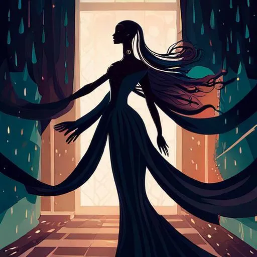 Prompt: Silhouette illustration of a woman 🗣️ long shawl. Curtains within a room with dark warm colors. Send with tiny  mark glowing. Cinematic lifestyle. Posing with elegance. Flying feathers with rain in window. Vibrant colorful background