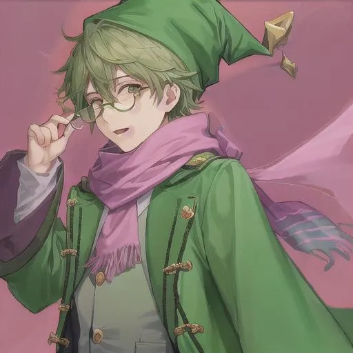 Prompt: young man
glasses
green coat
pink scarf
green wizard hat
