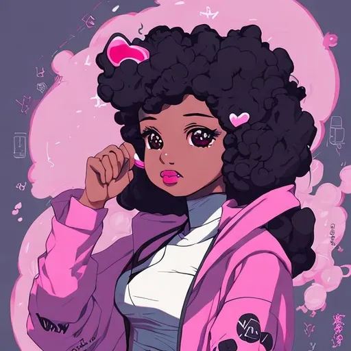 Prompt: black anime woman, kawaii, pink, sci fi