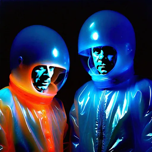 Prompt: Full view of Intimidating mohawked art Garfunkel and Paul Simon both with a mocking expression are wearing blue and orange translucent glowing bioluminescent lumpy jello protective suits and posing threateningly in a dark room