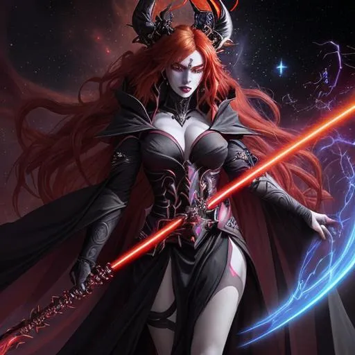 Prompt: Beautiful mayhem, divine chaos, anime Kali with fiery-red hair and red eyes and pale-reddish-purple skin, chaos red-witch in black Sith robes, her name is Talon and she bows regally to her dark master, in space nebula, elegant, prefect composition, soft cinematic lighting, sith master, golden shafts of light, the most beautiful person ever, watercolor illustration by mandy jurgens and alphonse mucha and alena aenami