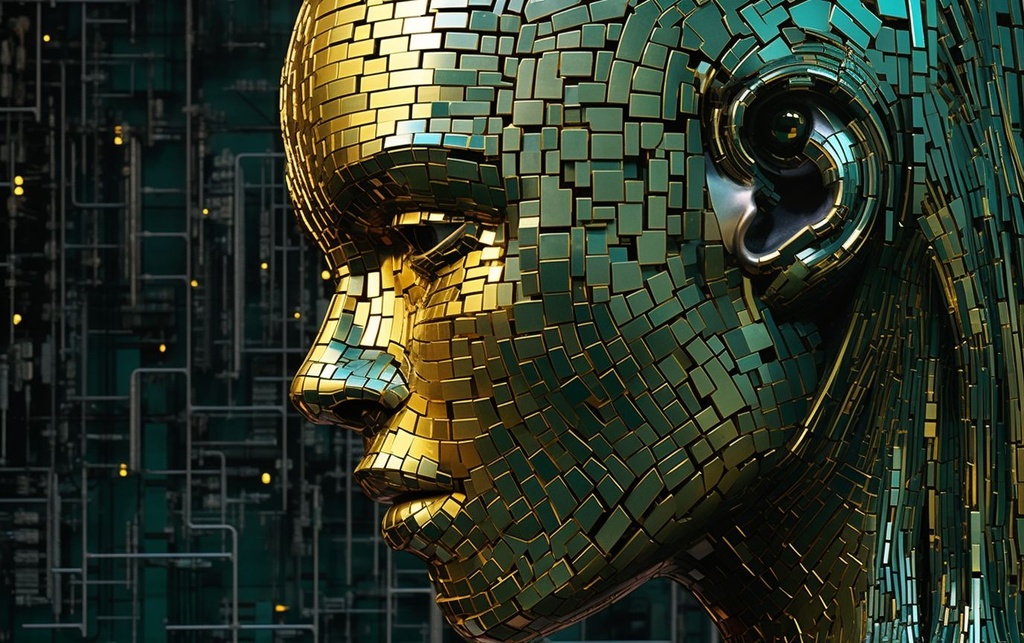 Prompt: a golden head that is made from pixels, in the style of futuristic glamour, green and bronze, photorealistic detail, fragmented advertising, photo-realistic techniques, emek golan, graphic textures