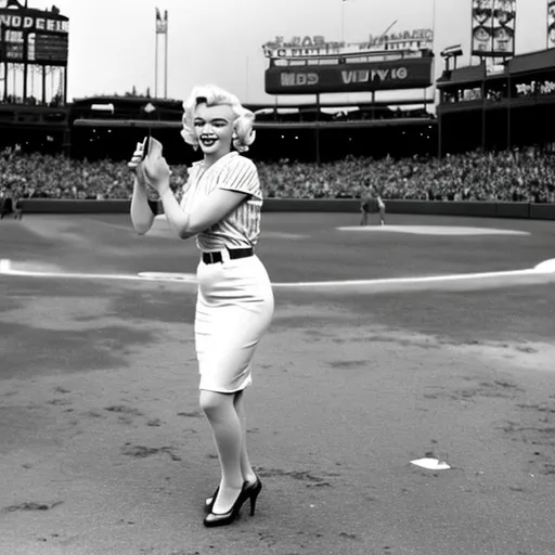 Prompt: Marilyn Monroe throwing the first pitch at Wrigley Field during a thunderstorm