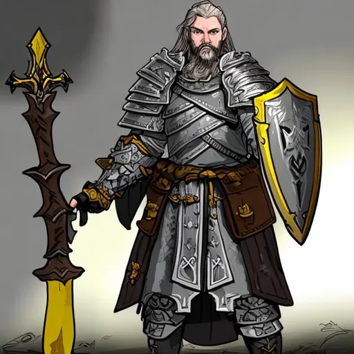 Prompt: A War Cleric carrying a 2 handed axe in full brigandine armor in the colors of grey and yellow. 