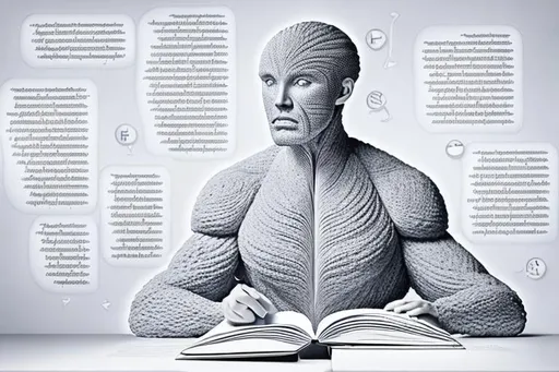 Prompt: "A being made of words and knowledge."
"A figure composed of flowing text."
"A physical embodiment of a language model."
"A humanoid figure with a book for a head."
"A figure with a brain made of words."
"A figure sitting at a desk with a pen, writing out words that become reality."
"A figure with hands that shape words into physical objects."
"A figure with eyes that see in text and symbols."
"A figure standing in a library, reaching out to touch the books."
"A figure made of light, with words and symbols flowing around it."