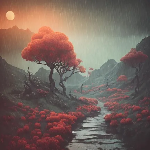 Prompt: Persephone concept landscape in vintage with rainy foggy vibe