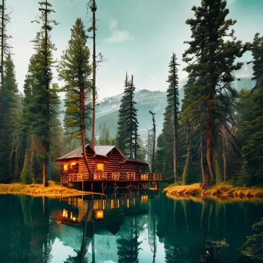 Prompt: Cabin in the center of a lake surrounded by forest, landscape photography, 4k