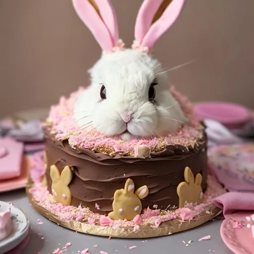 Prompt: Bunny Burrowing in a 3 tiered Birthday cake