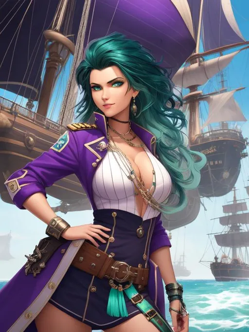 Prompt: ombre light blue-green-purple-black hair, pirate captain, girl, fantasy, coat, daunting, intimidating, serious, cruel smile, mole under eye, docked futuristic galleon ship in background, bodacious, mole on body, fullbody, ((full body)) {{good looking}} {{cute}} {{good body}} {{tight}}, symmetrically colored hair, {{shadows}},
