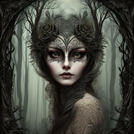 Prompt: Owl faced woman, forest, black lace leaves, white babkground. Intricate, detailed, Christian Schloe