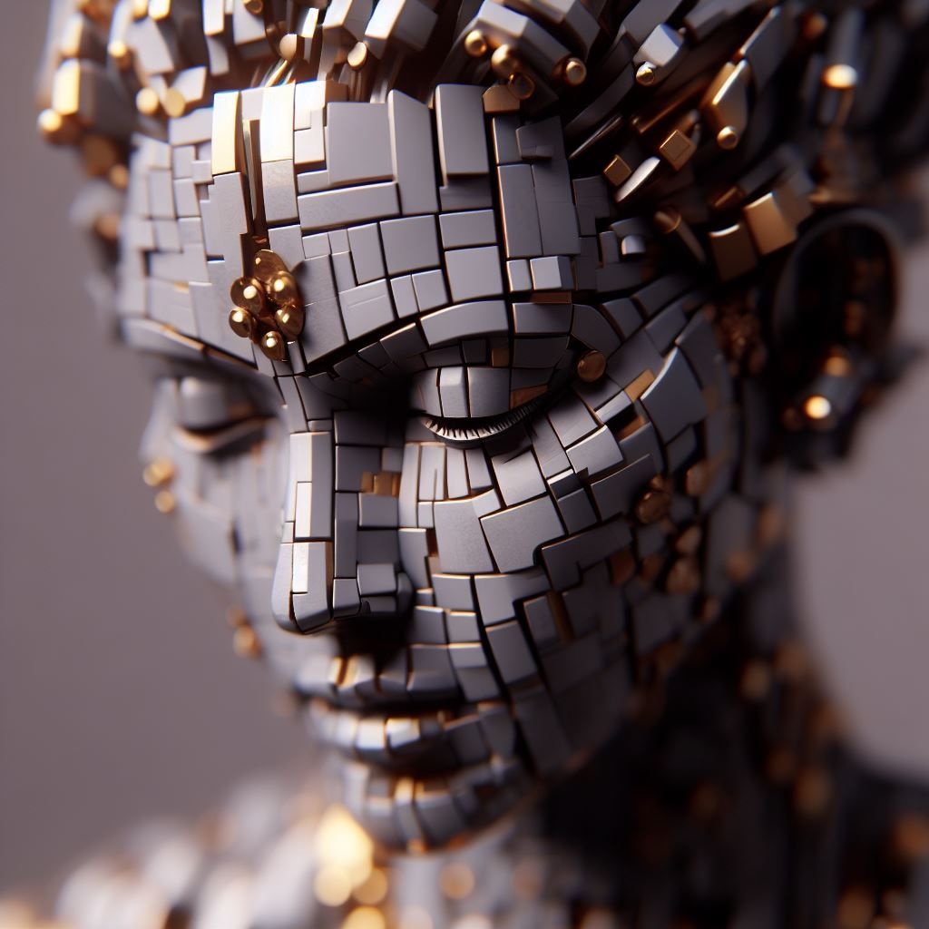 Prompt: a digital art piece of a woman being made of metal and plastic pieces, in the style of depth of field, gray and gold, tilt-shift lenses, cubist composition, serene faces, ceramic, uhd image