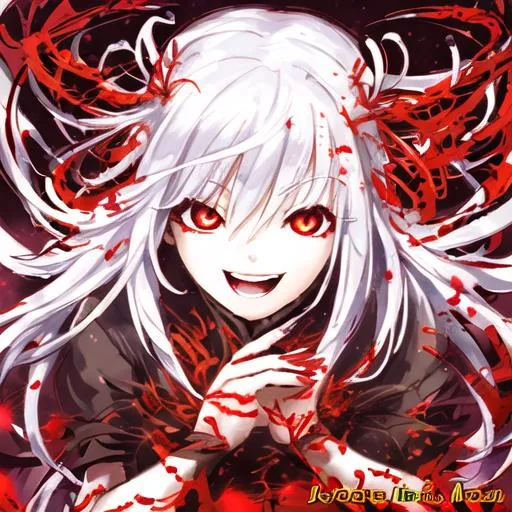 Prompt: A smooth high resolution portrait of a laughing anime girl with white silver hair and red crimson eyes, surrounded with red spider lilies