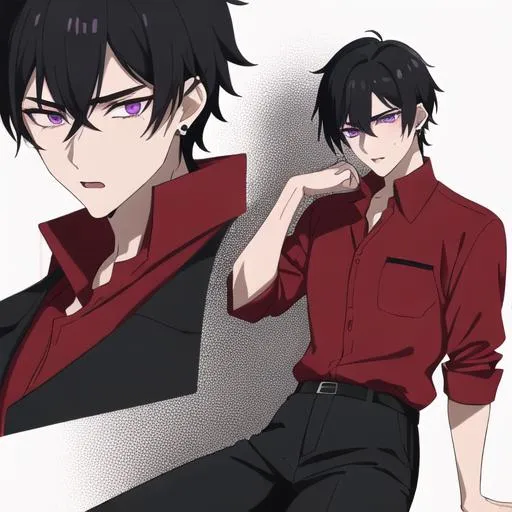 Prompt: Male young adult, 19, (Short black hair falling between the eyes, sharp and tired purple eyes, and a feminine body), red shirt untucked, black pants, sloppily dressed,  Black piercings, highly detailed face, 8K, Insane detail, best quality, UHD, highschooler, handsome, flirty, 