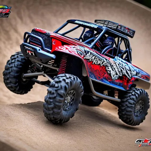 Prompt: Traxxas Xmaxx doing a flip of a wall cartoon drawn 