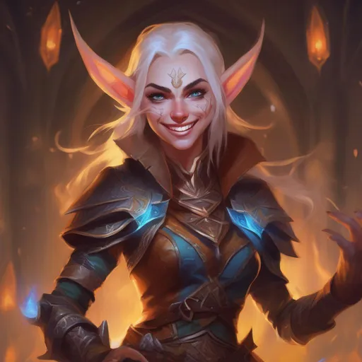 Prompt: d&d eladrin arcane trickster, mad toothy grin, heroic, brightly glowing eyes, badass, magic AF, colorful, chaotic, dangerous, hi res, lucky, femme, leather armor, gorgeous, long elf ears, unhinged