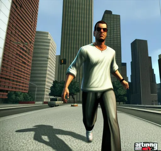 Prompt: gta iii, 2001 3d graphics, third person perspective, running man