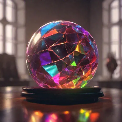 Prompt: fractured crystal ball casting multicolored light around dark room, concept art, epic lighting, finely-tuned, octane rendering