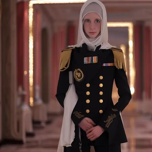 Prompt: Antonia Campbell-Hughes, skinny, anorexic, imperial officer uniform, hijab, white and gold