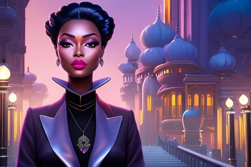 Prompt: head-on, surreal cartoon, high fashionista walking toward viewer, Stunning, glossy portrait of a stunning dark skinned woman with lavender white hair pulled back into a bun, she is dressed like a summer monarch, metallic black fabric fabric, dramatic jewelry, dramatic necklace with a tiny dagger that looks real, background is architecture lit by the moon,  trending on artstation