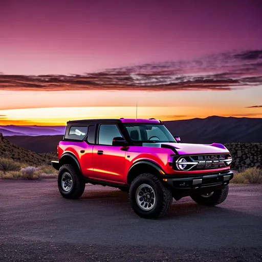 Prompt: A neon purple 2022 ford bronco, parked beside a neon red 1969 mustang on Rocky Mountains overlooking a bright and vibrant, orange, red, pink sunset.