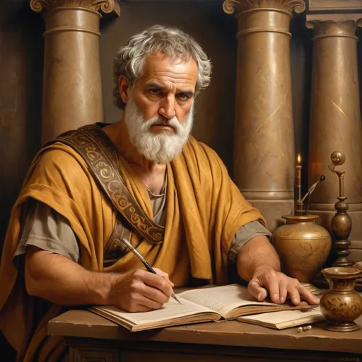 Prompt: (ancient Greek physician), oil painting style, (masterpiece), rich earth tones, warm golden hues, intricate details showcasing period-accurate attire, deep understanding of ancient medical texts, surrounded by scrolls and refined tools, atmospheric ambiance radiating wisdom and sorrow, dimly lit background highlighting his focused expression, historical authenticity, ultra-detailed, exquisite craftsmanship.