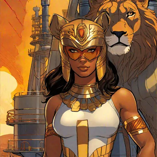 Prompt: Whole body, Full figure. A young superhero woman wearing an egyptian orichalcum armor and a lion mask on the head. Marvel art. Comics art. DC comics art. well draw face. detailed. 2d. Dynamic pose. In background an oil platform in flame.