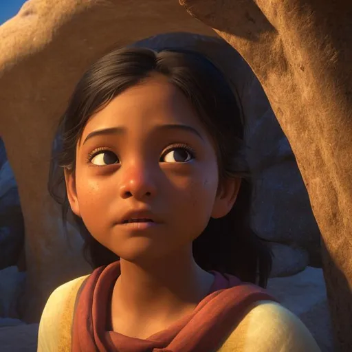 Prompt: 
Visualize the moment of realization on Maya's face when she discovers the true treasure lies within the journey itself, capturing her deep sense of wisdom and enlightenment.