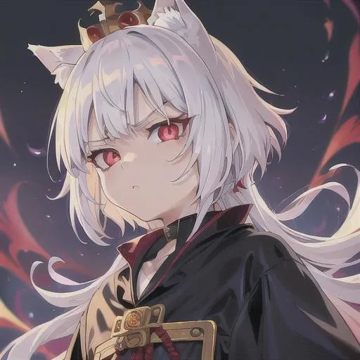 Prompt: Shota, 90s anime style, detailed, intricate face, detailed eyes, gentle tones, 90s tones, 1girl, beautiful girl, princess like, wolfcut, short white hair, glowing red eyes., wearing black robe, very small golden crown on top, death stare, dead expression on face, dark background 