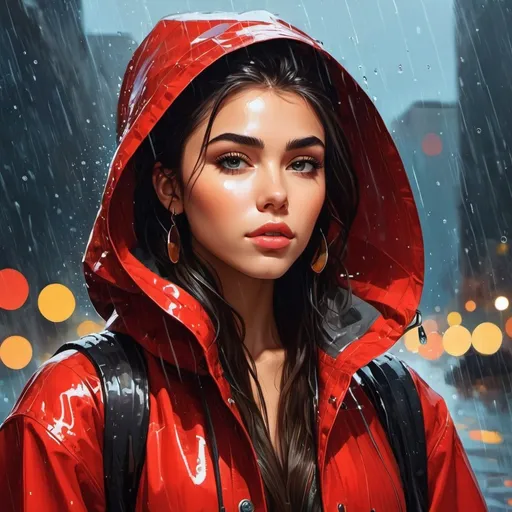 Prompt: Perfect stylish girl who looks like Madison Beer in the rain, 

abstract style, 

with multicolored circles, 

Ergo Proxy illustration, 

Sofonisba Anguissola, 

close-up, 

fantasy art, 

futuristic elements, 

gold and red palette, 

hyperdetalized illustrations