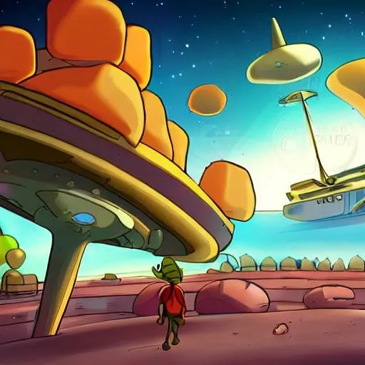 Prompt: cartoon aliens on a planet with a ship in the backgrounf