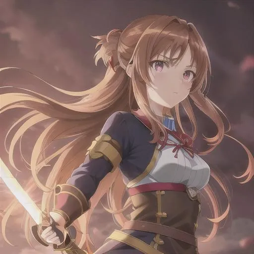 Prompt: anime girl, tied up hair, anime style, hyperdetailed, high quality, perfect shading, realistic lighting, golden ratio, perfect composition, brown hair, medieval outfit, upscaled, pink eyes, asuna, sword art online, 