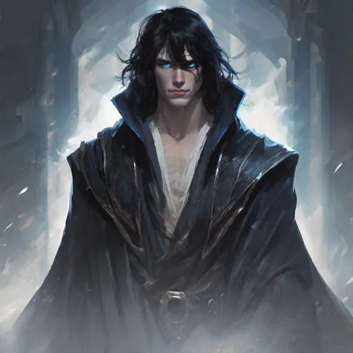 Prompt: brooding young man, pale skin, blue and black eyes, sharp features, long uneven black hair with heavy bangs, exhausted, bookish, menacing, magic, black cloak, concept art, epic lighting, finely-tuned, octane rendering