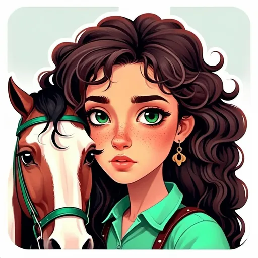 Prompt: Icono con cowgirl de pelo rizado, y moreno oscuro, ojos verdes, con pecas. momtada en un caballo marron oscuro con ojos oscuros, las 4 patas negras hasta las rodillas. Tiene tambien blancas hasta un palmo por debajo de las rodillas todas las patas hasta las rodillas, menos la pata izquierda delantera. en la cara en caballo tiene una mancha ancha blanca de arriba abajo en centro. el flequillo, la crin y cola son negras. Estilo de dibujo estilizado pero no dramatico no cartoon