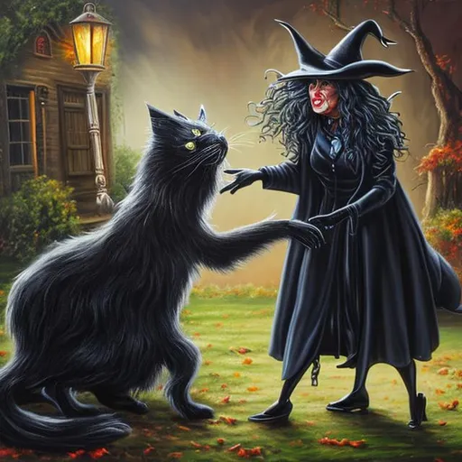 Prompt: (realistic photo, professional phot, oil painting) black cat scratching an evil witch